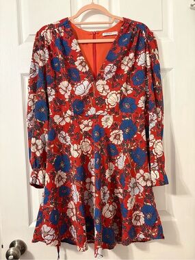 Glamorous Long-Sleeved Red Floral Pattern Mini Dress, 12P UK/8P US